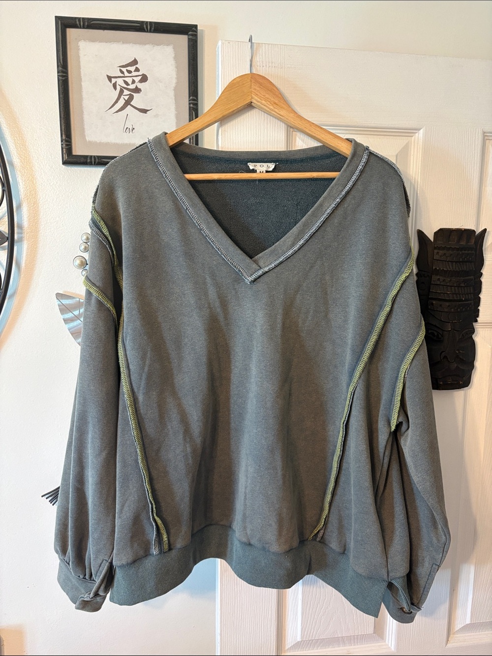 POL Olive Gray V-Neck Sweatshirt with Lime Contrast Stitching